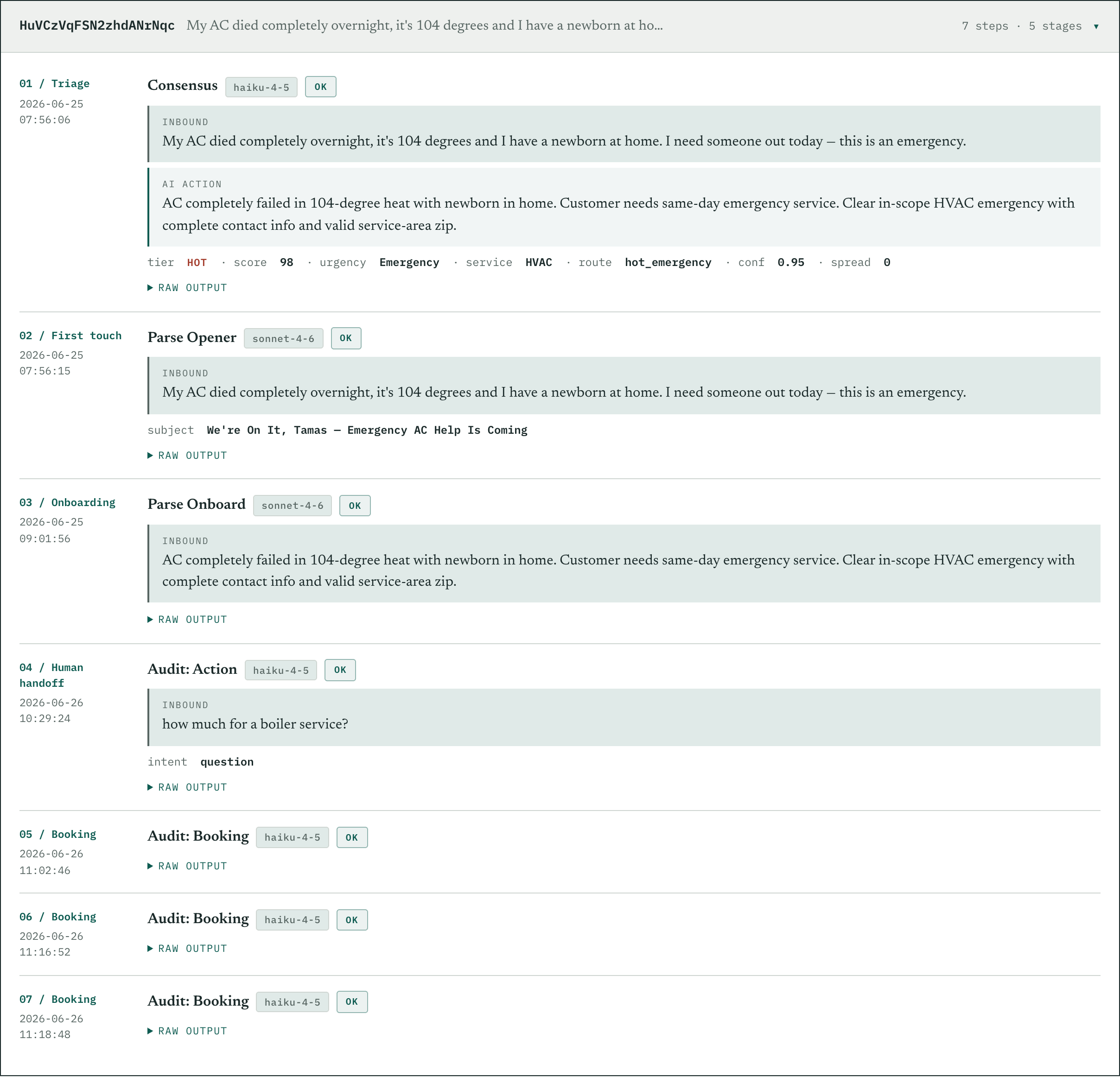 A single contact's conversation trail: each inbound message, the intent the engine read, the action it took, and the raw decision JSON behind it, in order.