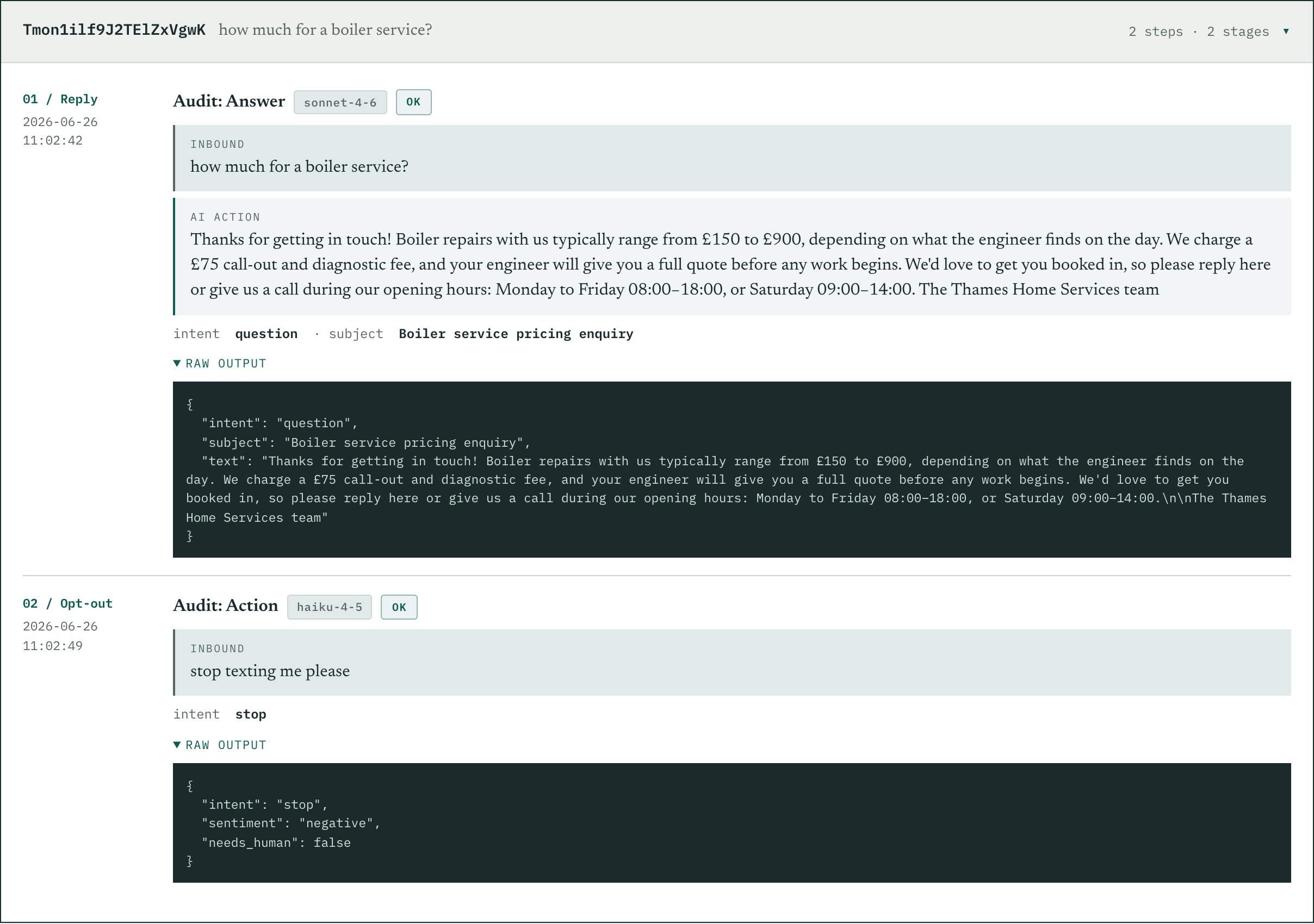 A reply-and-opt-out trail: the engine reads the intent, honors the opt-out immediately, and writes the whole decision to the audit log.